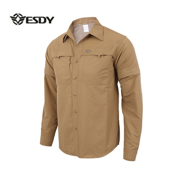 Men's Detachable Long Sleeve Quick Dry Shirt Military Tactical Outdoor Hiking Breathable Anti UV Removable Lapel Cardigan Tops