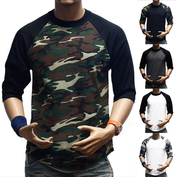 New Men's 3/4 Sleeve Camouflage Baseball T-Shirt Raglan Plain Camo Tee Men's Casual T Shirt S-3XL