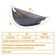 OneTigris Double Hammock Under-Quilt Lightweight Full Length Hammock Underquilt Under Blanket 40 F to 68 F (5 C to 20 C)