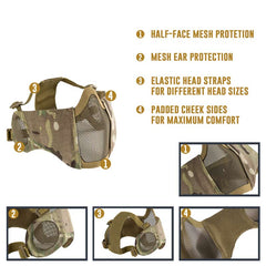 OneTigris Tactical Foldable Mesh Mask With Ear Protection for Airsoft Paintball with Adjustable Elastic Belt Strap